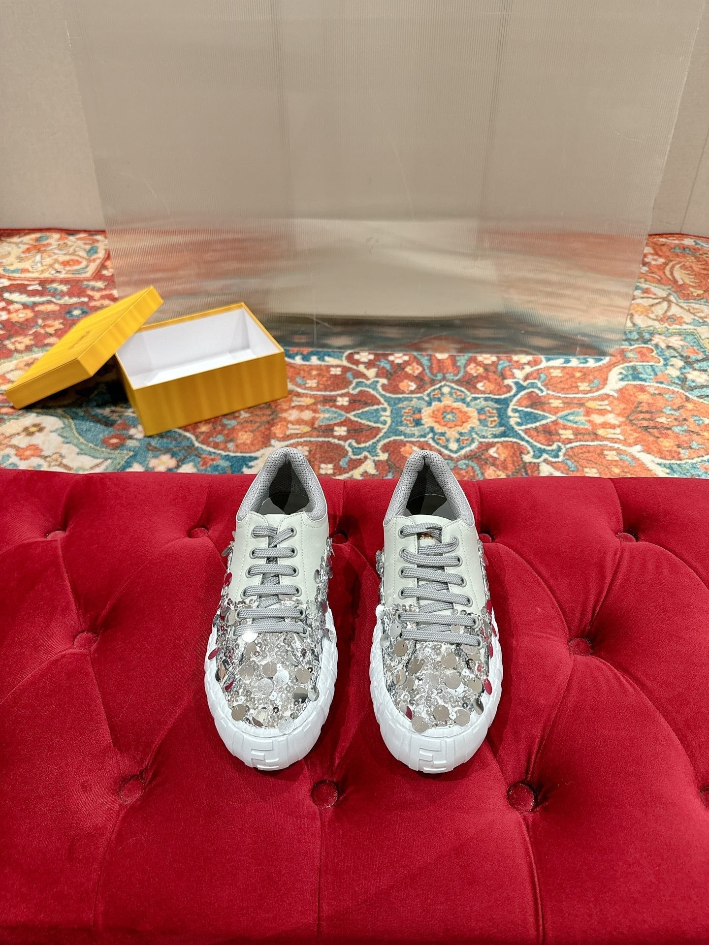 RUNWAY SEQUIN CASUAL SHOES IN PEARL GRAY CALFSKIN - 35