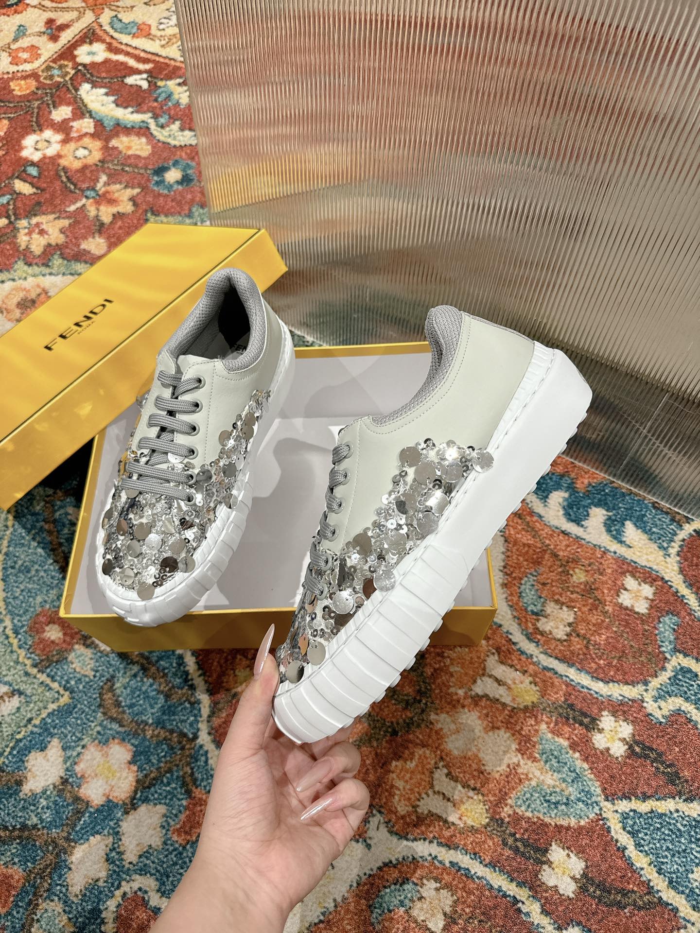 RUNWAY SEQUIN CASUAL SHOES IN PEARL GRAY CALFSKIN - 35