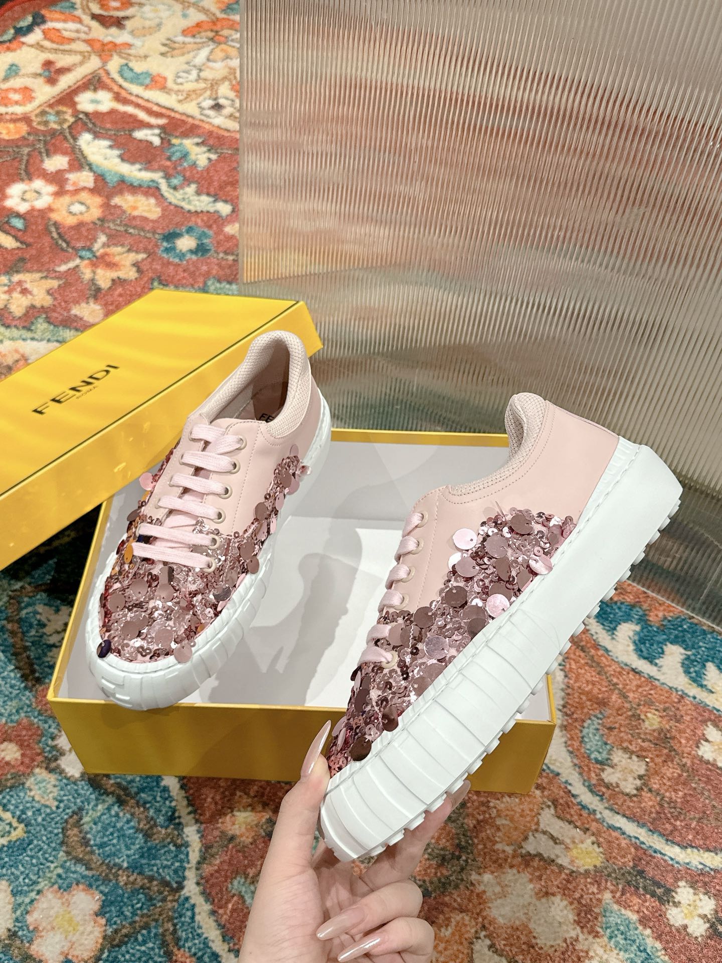 RUNWAY SEQUIN CASUAL SHOES IN CREPE PINK CALFSKIN - 35
