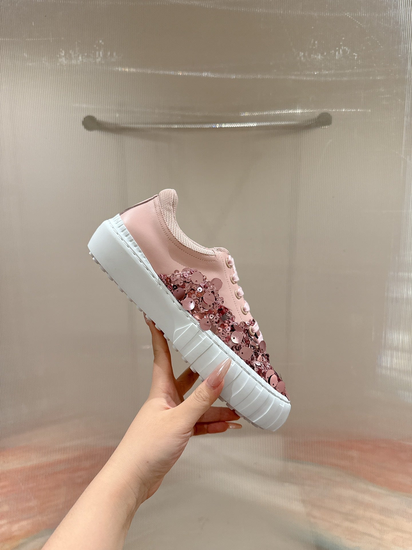RUNWAY SEQUIN CASUAL SHOES IN CREPE PINK CALFSKIN - 35