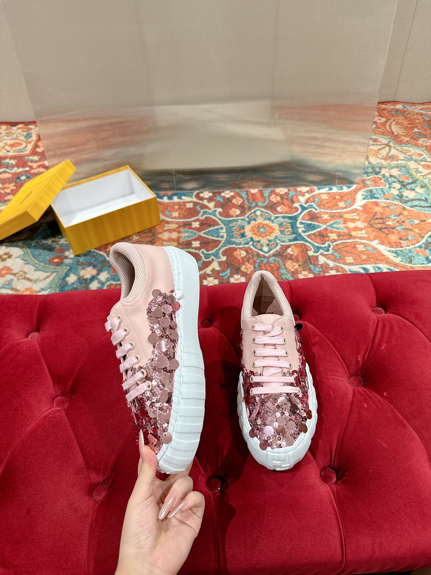 RUNWAY SEQUIN CASUAL SHOES IN CREPE PINK CALFSKIN - 35