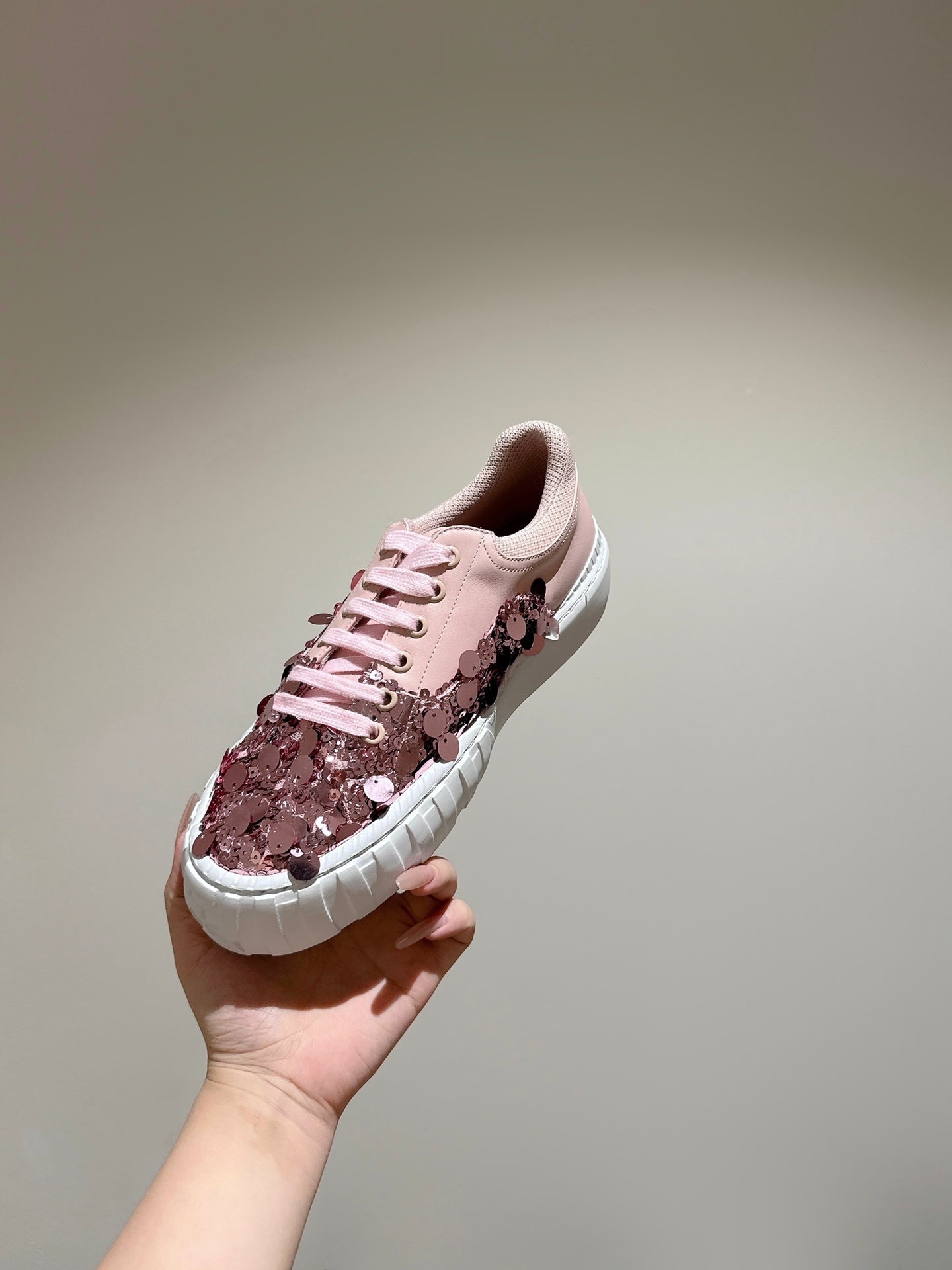 RUNWAY SEQUIN CASUAL SHOES IN CREPE PINK CALFSKIN - 35
