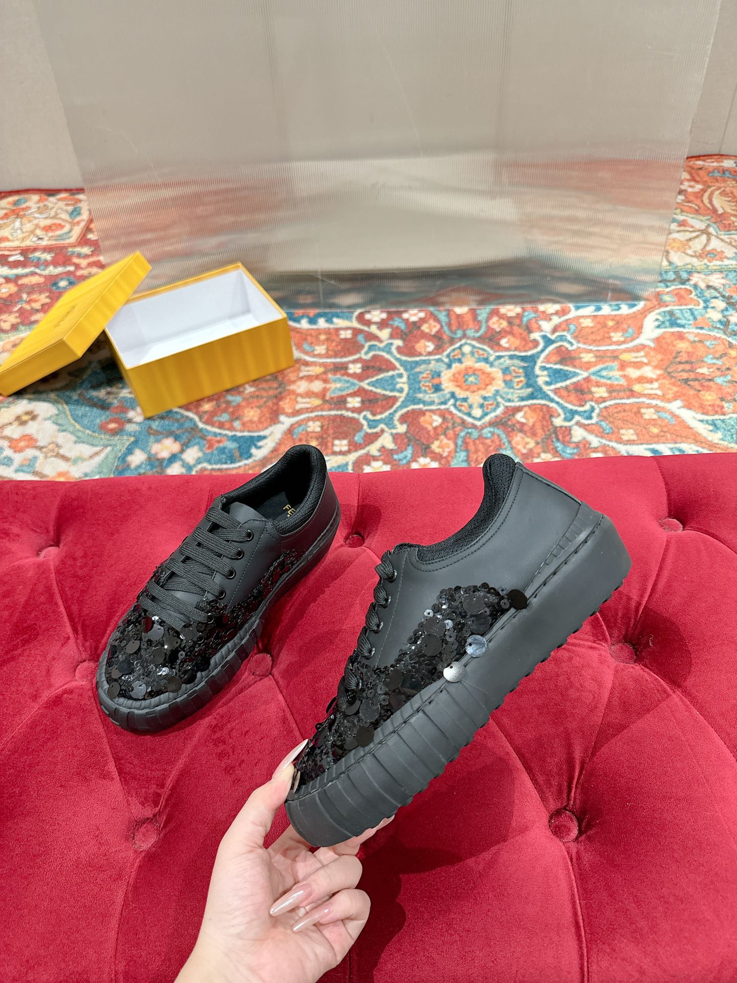RUNWAY SEQUIN CASUAL SHOES IN BLACK CALFSKIN - 35