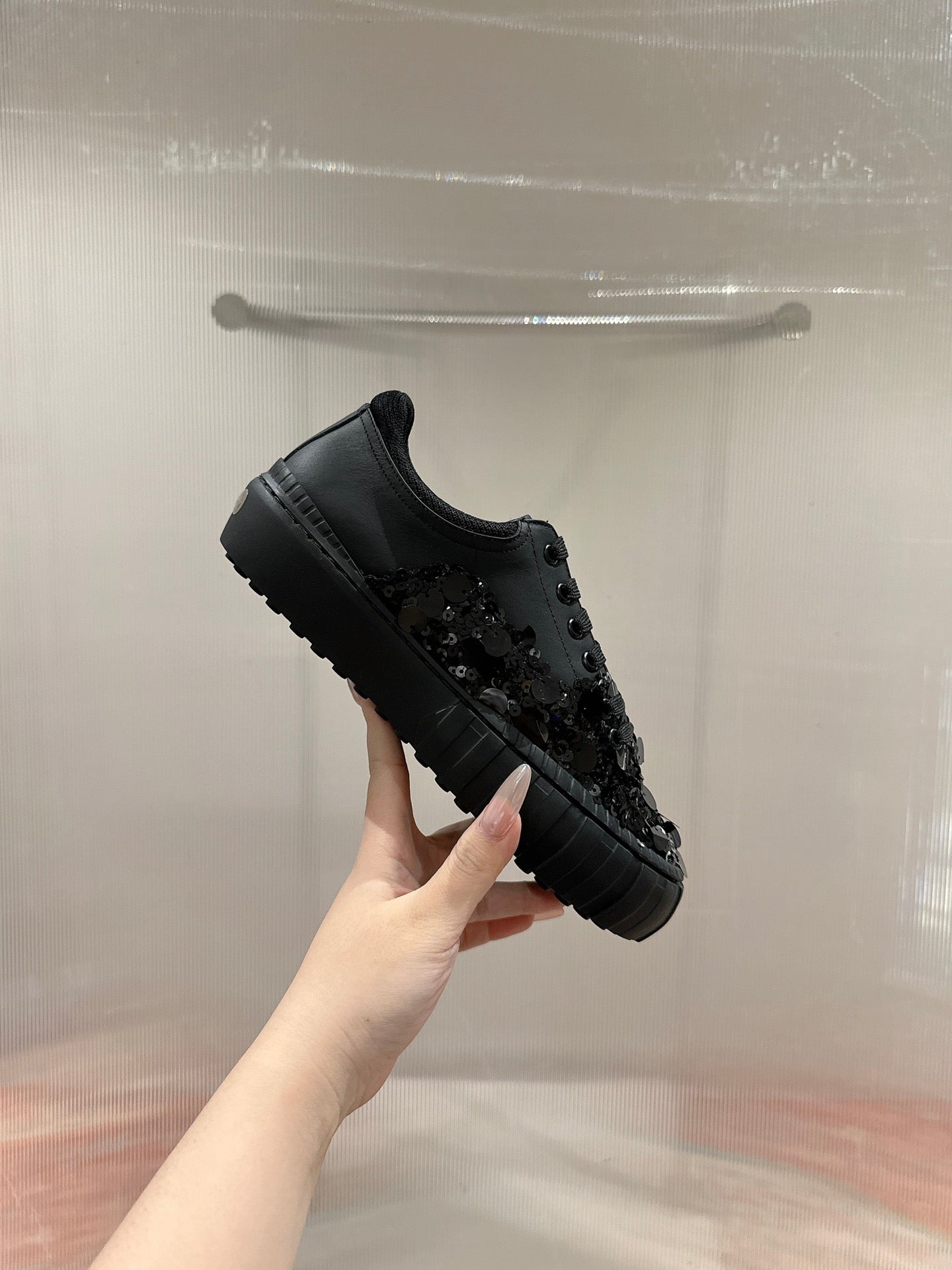 RUNWAY SEQUIN CASUAL SHOES IN BLACK CALFSKIN - 35