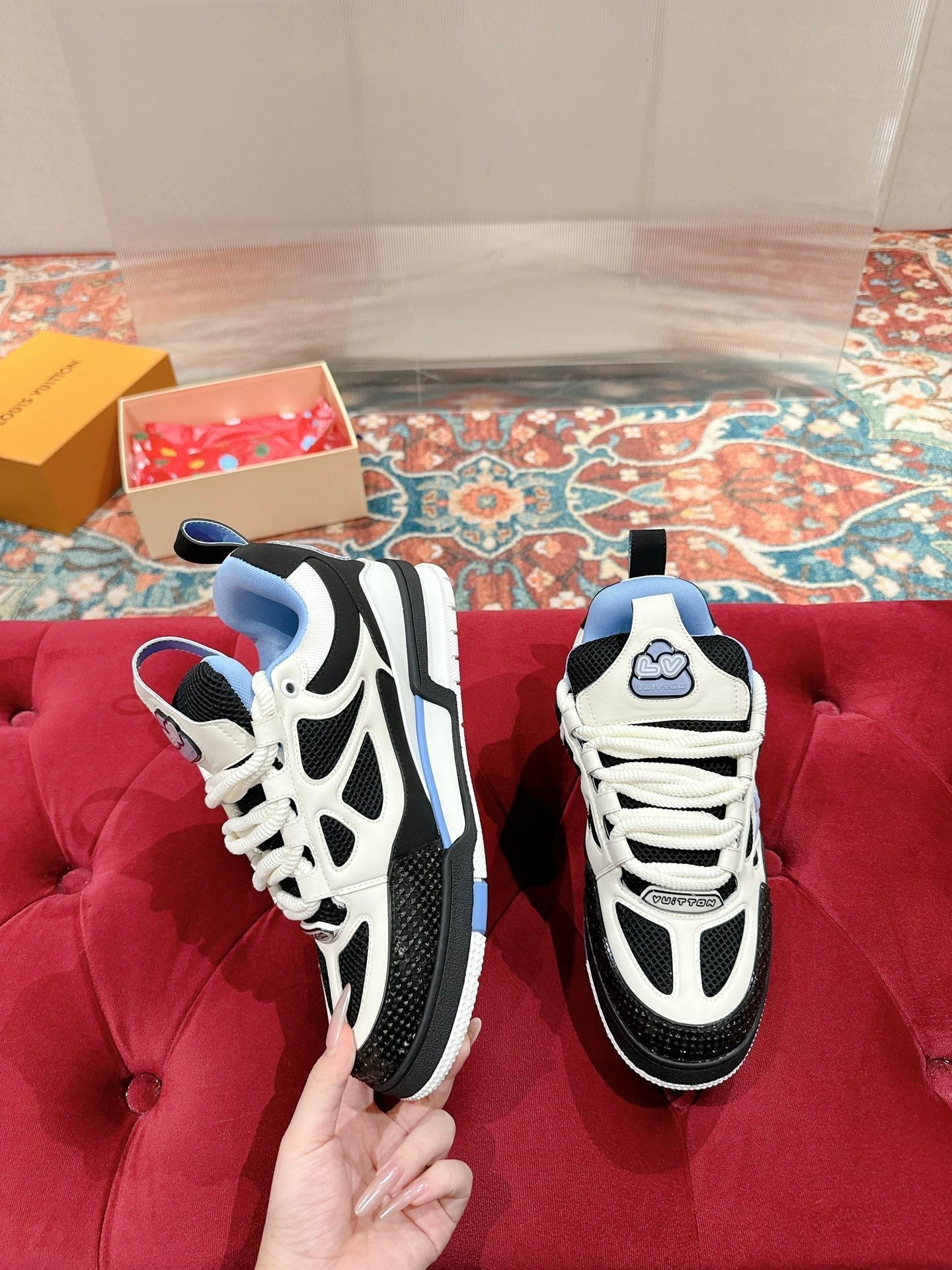 LV SKATE SNEAKER IN WHITE MIX BLACK AND SKY BLUE CALFSKIN - 35