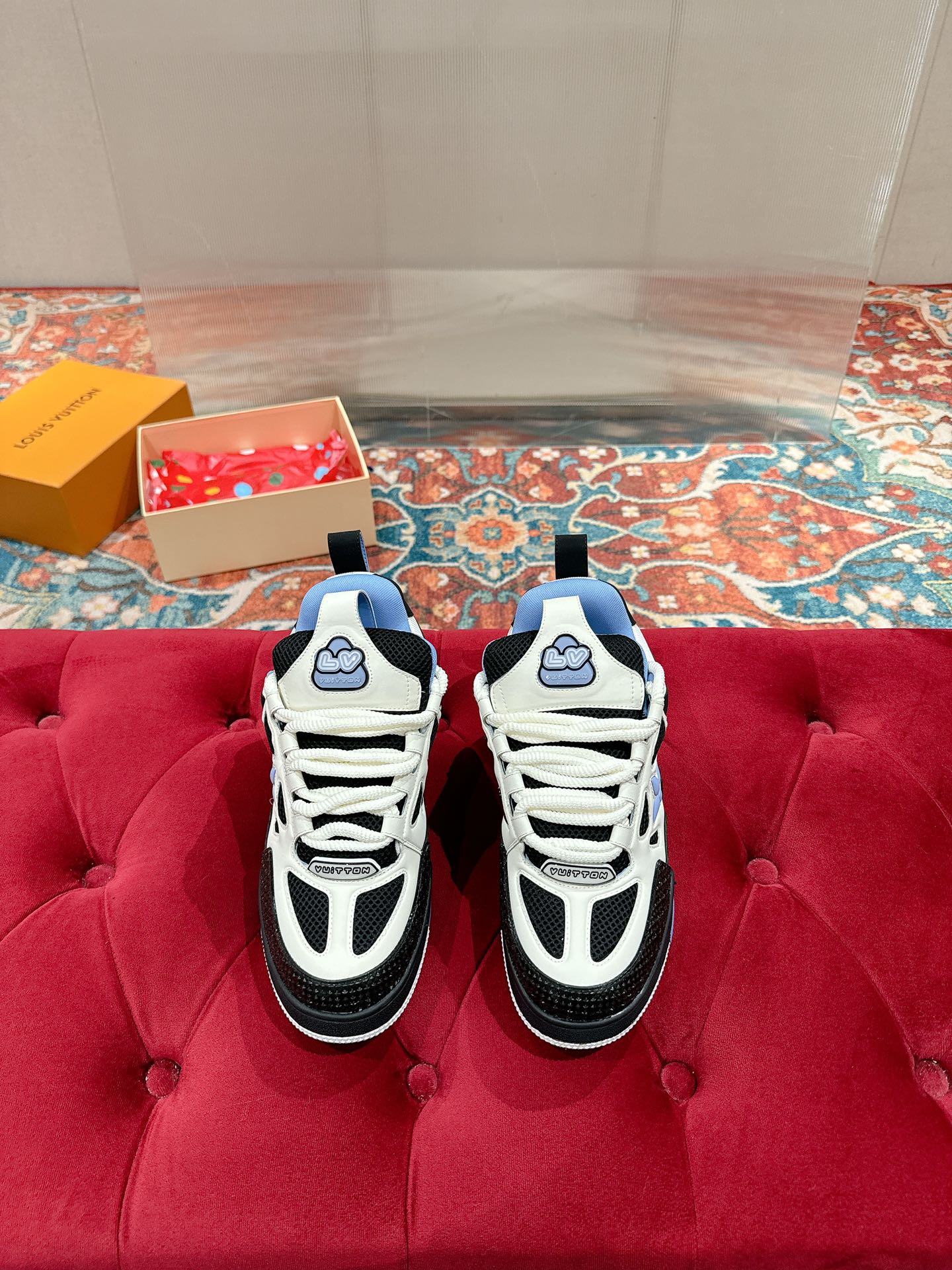 LV SKATE SNEAKER IN WHITE MIX BLACK AND SKY BLUE CALFSKIN - 35
