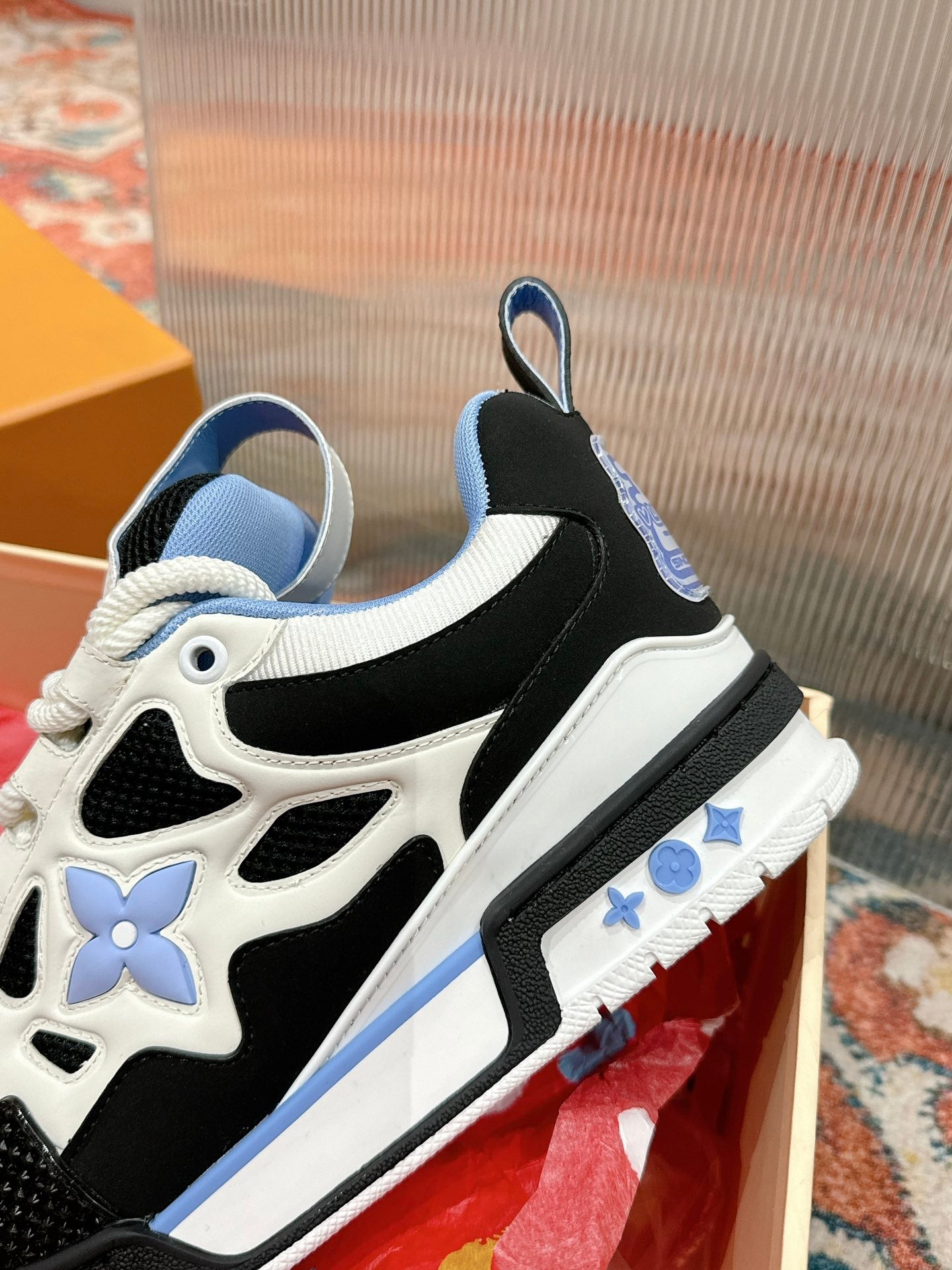 LV SKATE SNEAKER IN WHITE MIX BLACK AND SKY BLUE CALFSKIN - 35