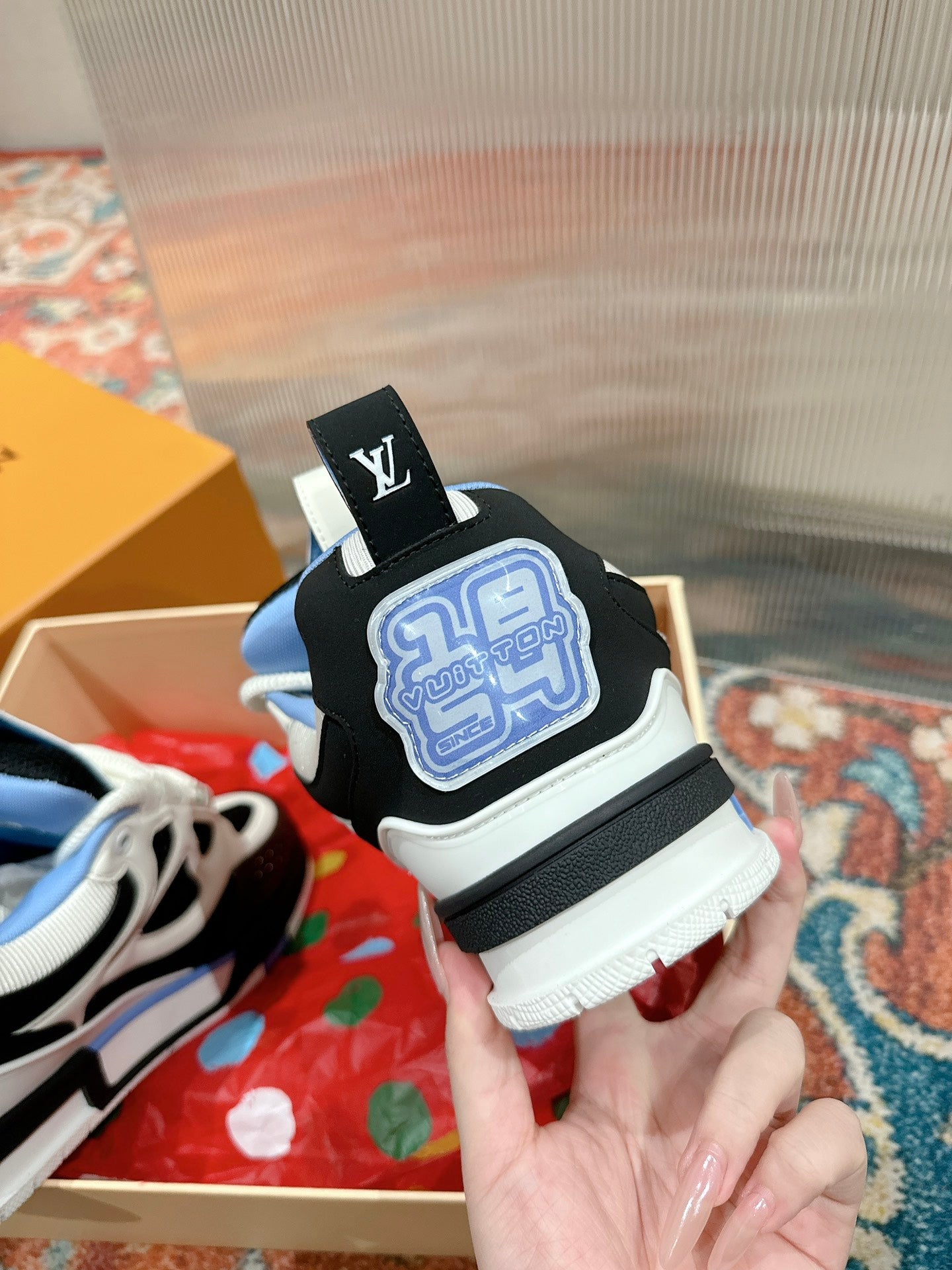 LV SKATE SNEAKER IN WHITE MIX BLACK AND SKY BLUE CALFSKIN - 35