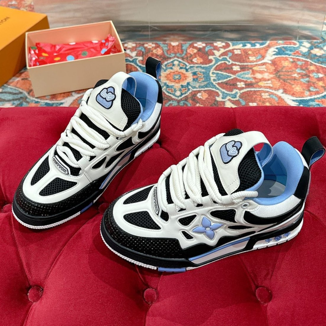 LV SKATE SNEAKER IN WHITE MIX BLACK AND SKY BLUE CALFSKIN - 35