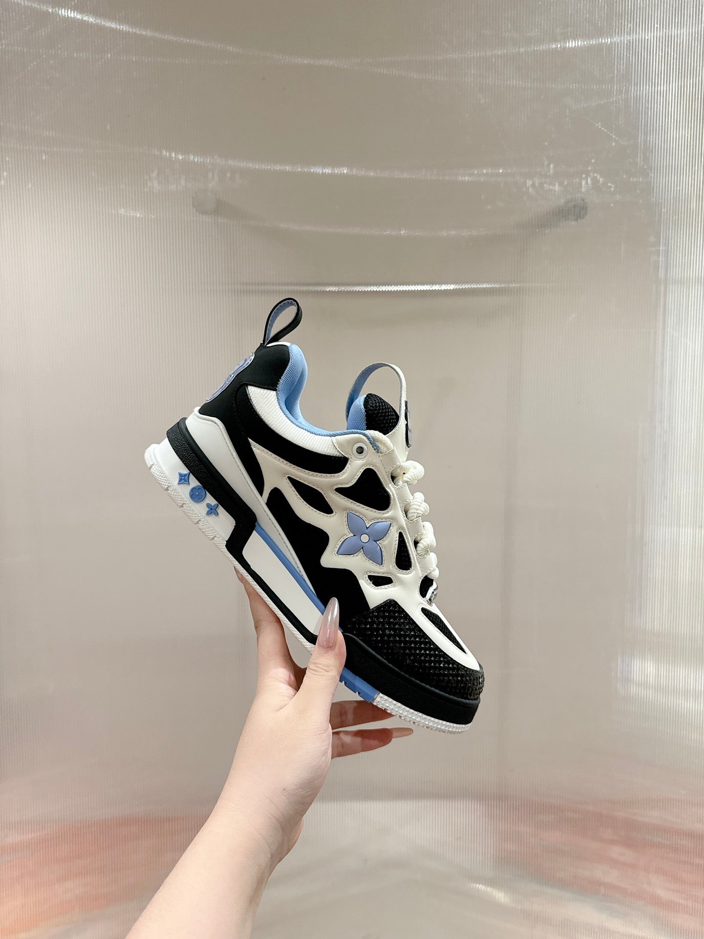 LV SKATE SNEAKER IN WHITE MIX BLACK AND SKY BLUE CALFSKIN - 35