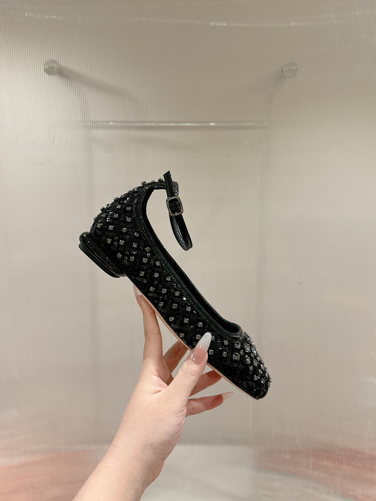 BALLERINAS IN BLACK FABRIC WITH CRYSTAL DETAILING - 35