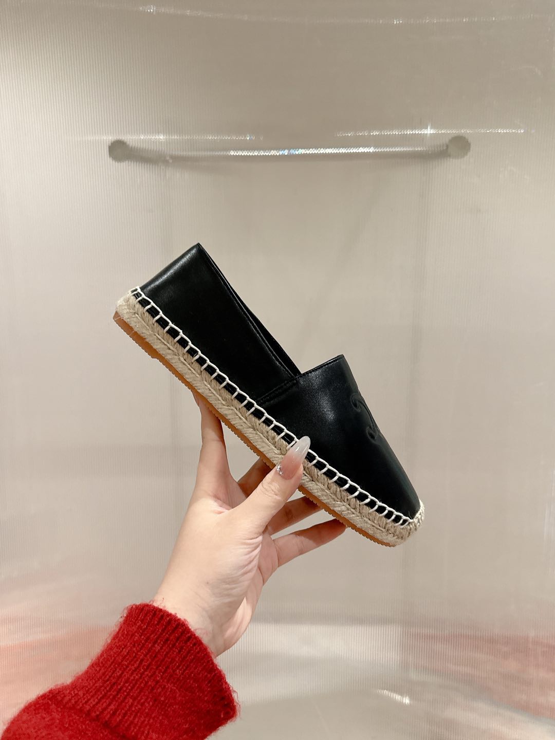ESPADRILLES BLACK SHINY CALFSKIN EMBOSSED LOGO - 35