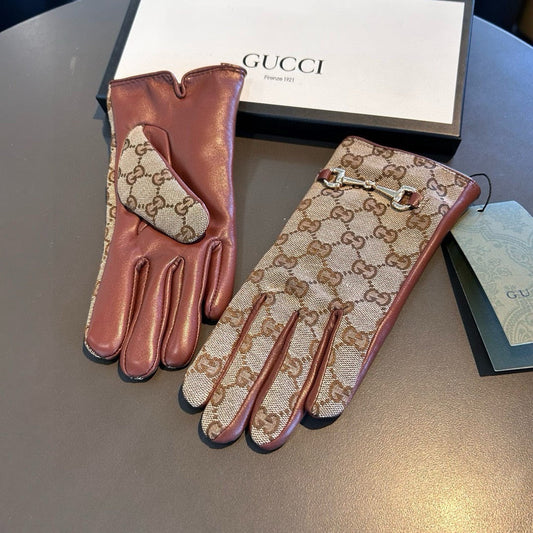 HORSEBIT GLOVES IN BEIGE MONOGRAM JACQUARD FABRIC MIX RED BROWN SHEEPSKIN 456332 - M