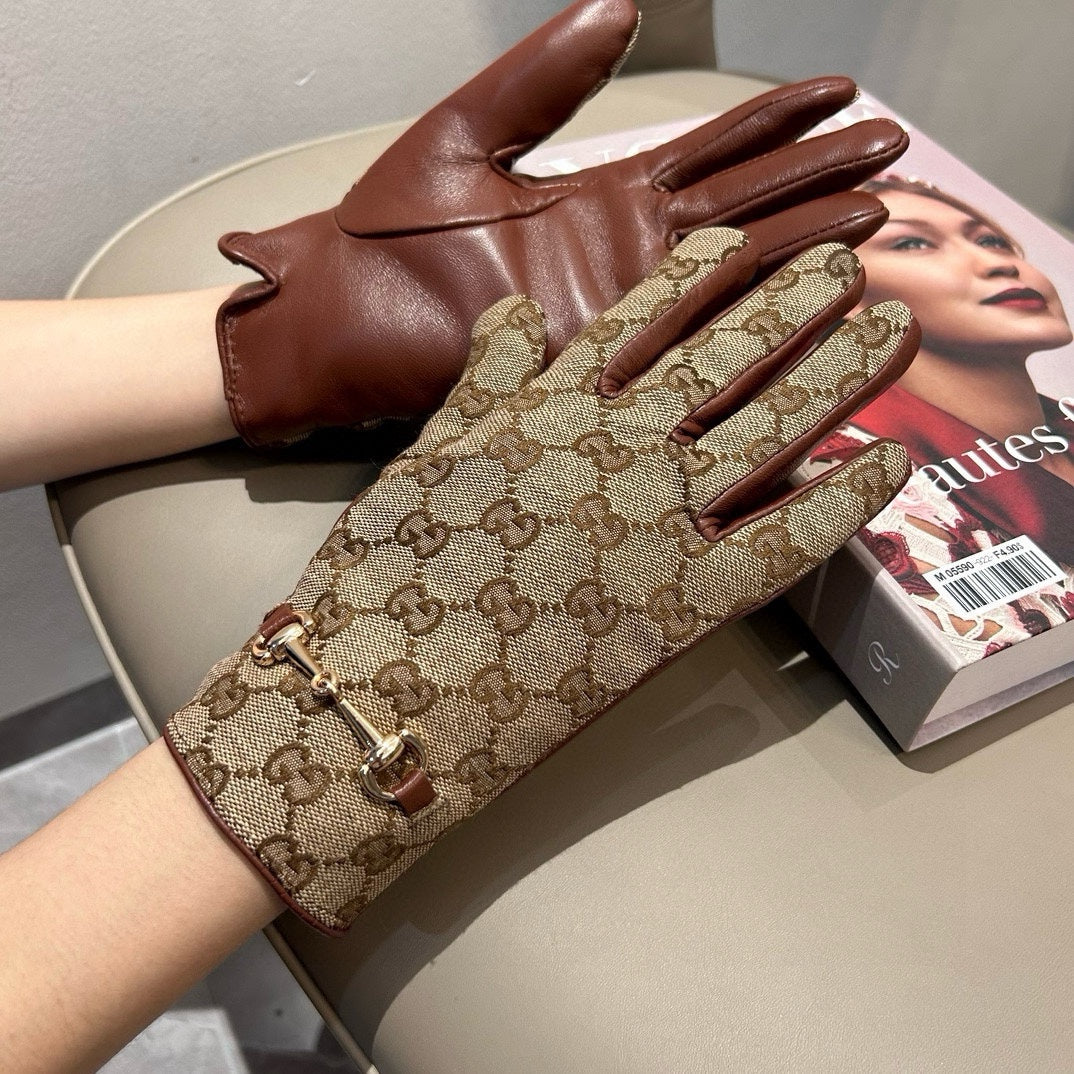 HORSEBIT GLOVES IN BEIGE MONOGRAM JACQUARD FABRIC MIX RED BROWN SHEEPSKIN 456332 - M