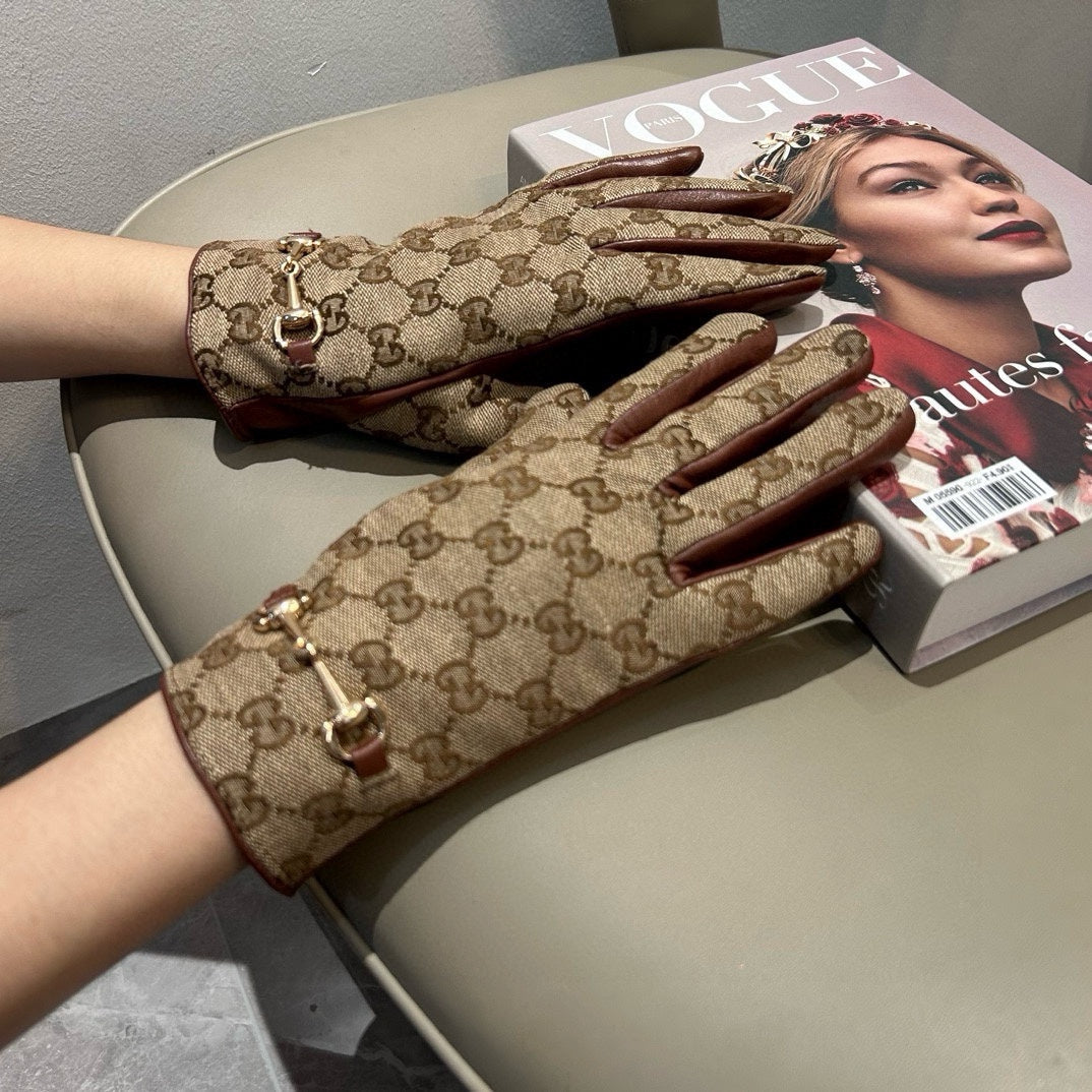 HORSEBIT GLOVES IN BEIGE MONOGRAM JACQUARD FABRIC MIX RED BROWN SHEEPSKIN 456332 - M