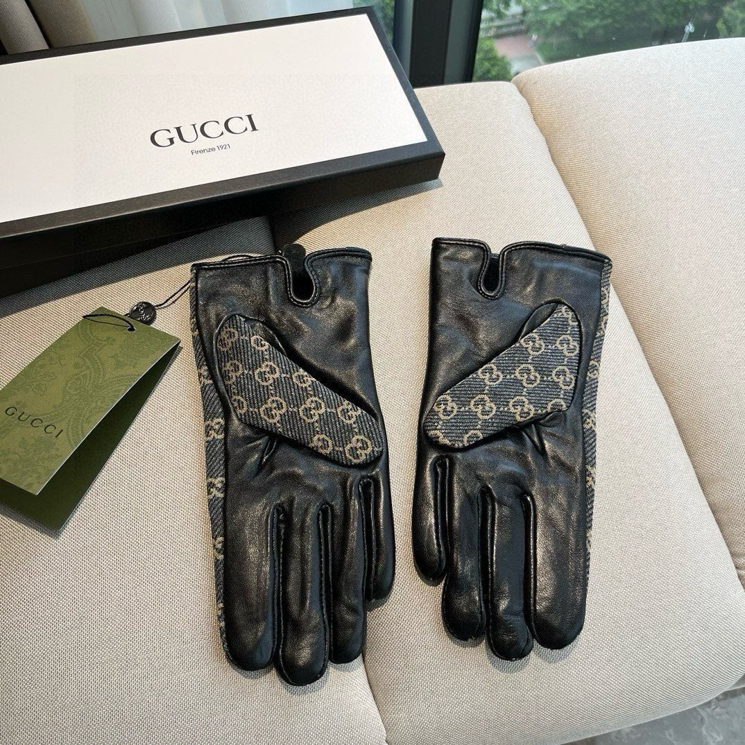 HORSEBIT GLOVES IN STONE BLUE MONOGRAM JACQUARD FABRIC MIX BLACK SHEEPSKIN 456333 - M