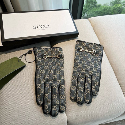 HORSEBIT GLOVES IN STONE BLUE MONOGRAM JACQUARD FABRIC MIX BLACK SHEEPSKIN 456333 - M