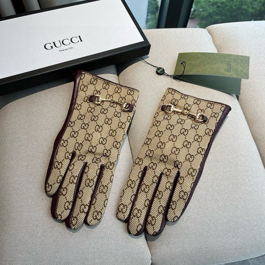 HORSEBIT GLOVES IN BEIGE MONOGRAM JACQUARD FABRIC MIX MERLOT RED SHEEPSKIN 456334 - M