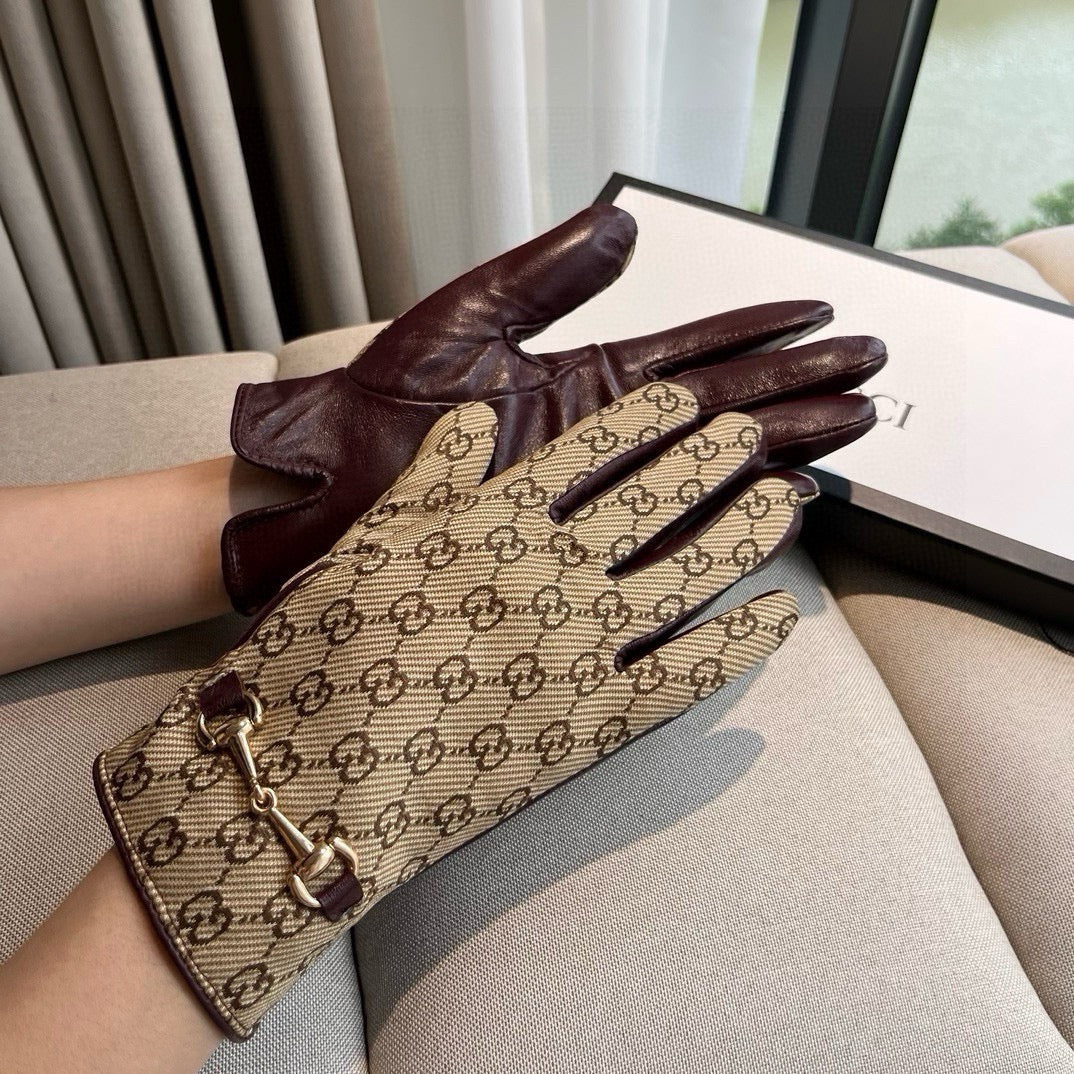 HORSEBIT GLOVES IN BEIGE MONOGRAM JACQUARD FABRIC MIX MERLOT RED SHEEPSKIN 456334 - M