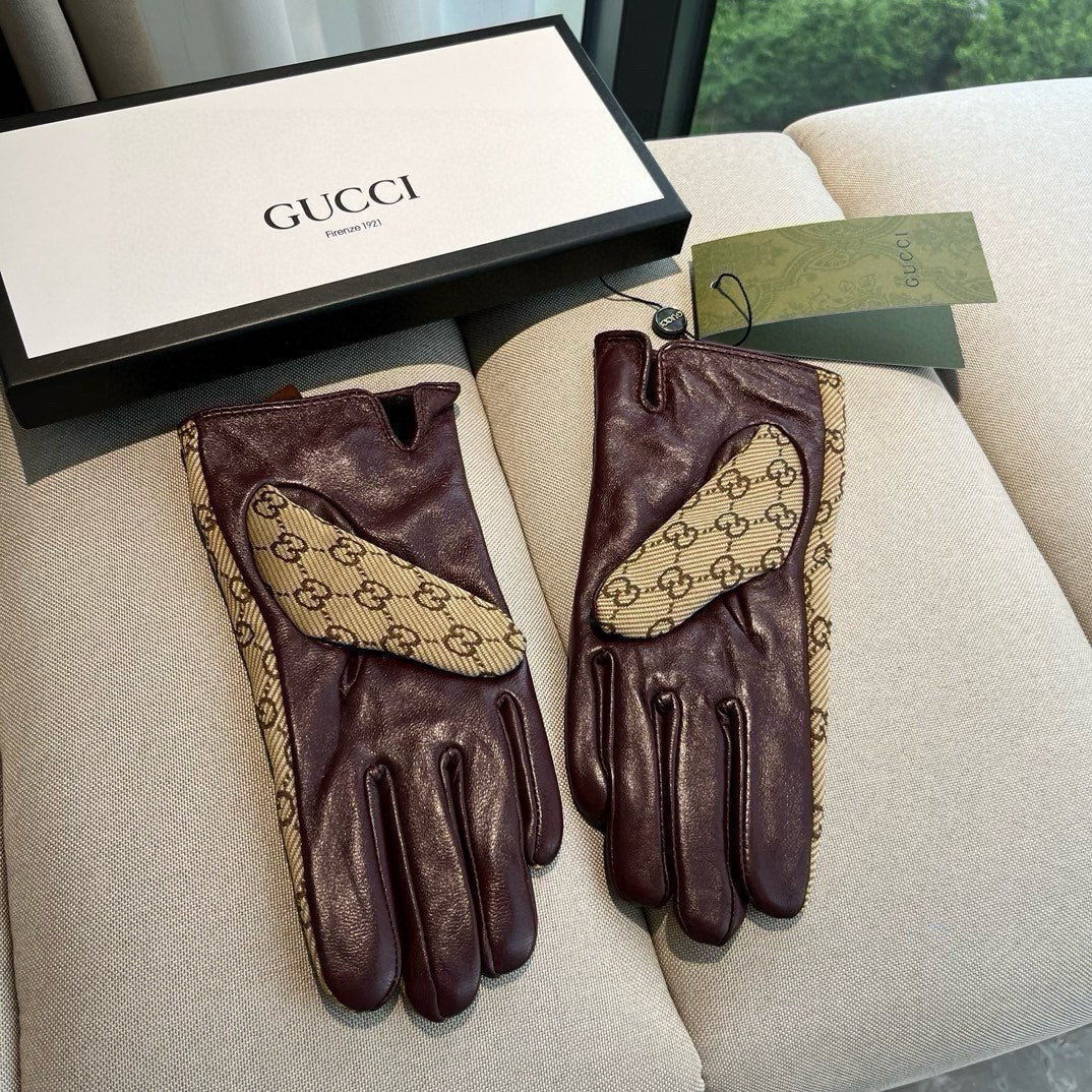 HORSEBIT GLOVES IN BEIGE MONOGRAM JACQUARD FABRIC MIX MERLOT RED SHEEPSKIN 456334 - M