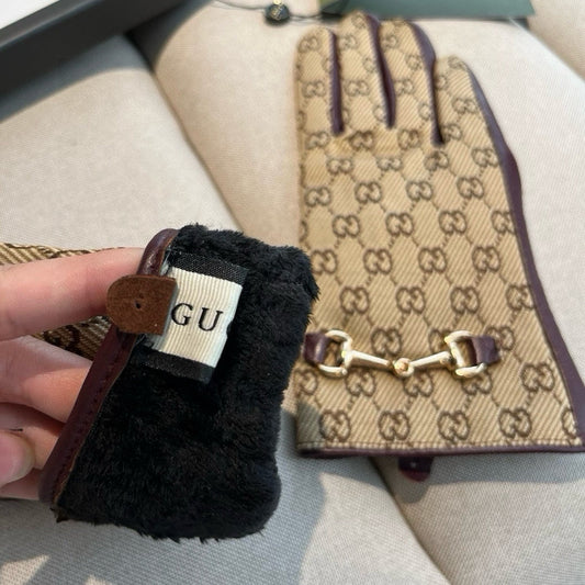 HORSEBIT GLOVES IN BEIGE MONOGRAM JACQUARD FABRIC MIX MERLOT RED SHEEPSKIN 456334 - M
