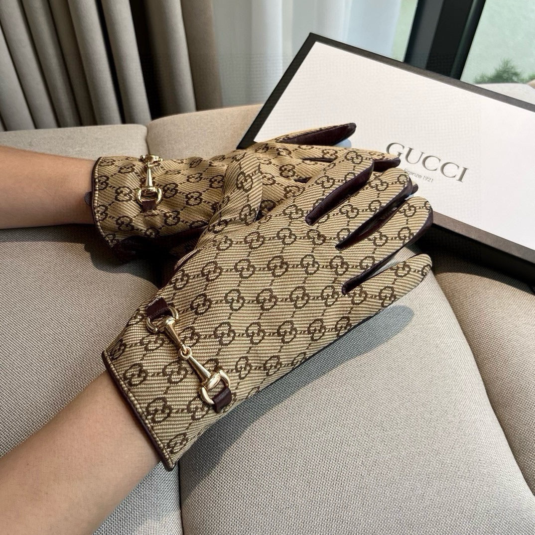 HORSEBIT GLOVES IN BEIGE MONOGRAM JACQUARD FABRIC MIX MERLOT RED SHEEPSKIN 456334 - M