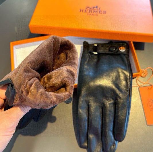 GLOVES WITH BUTTON IN BLACK SHEEPSKIN WITH LAMB FUR LINING - XL