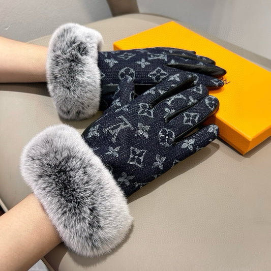 FINGERLESS GLOVES IN BLACK MONOGRAM DENIM AND LAMBSKIN WITH RABBIT FUR 458590 - M