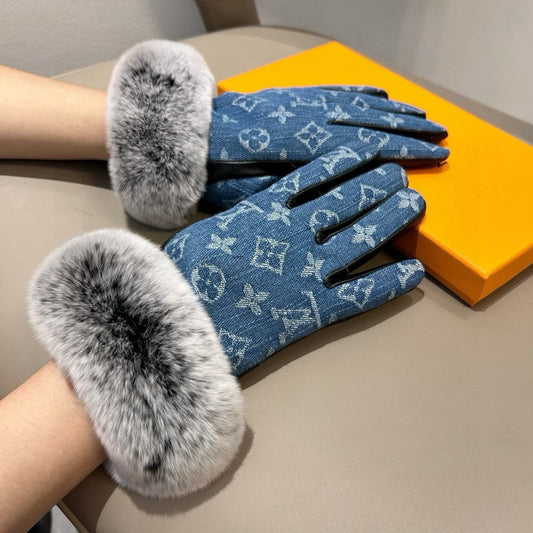 FINGERLESS GLOVES IN ELECTRIC BLUE MONOGRAM DENIM AND LAMBSKIN WITH RABBIT FUR 458591 - M