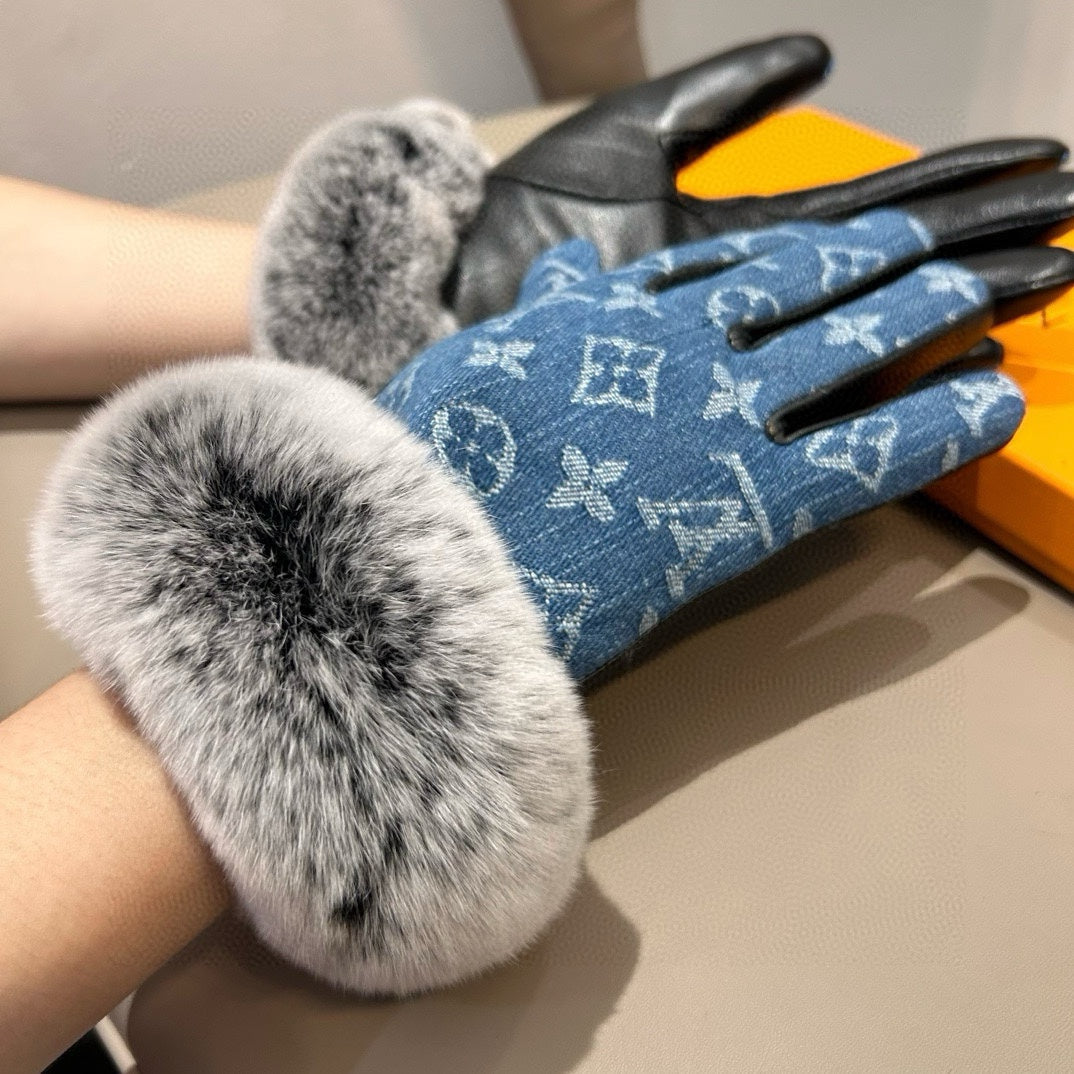 FINGERLESS GLOVES IN ELECTRIC BLUE MONOGRAM DENIM AND LAMBSKIN WITH RABBIT FUR 458591 - M