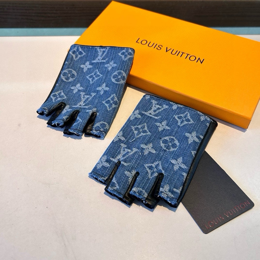 FINGERLESS GLOVES IN ELECTRIC BLUE MONOGRAM DENIM AND BLACK LAMBSKIN 460107 - M