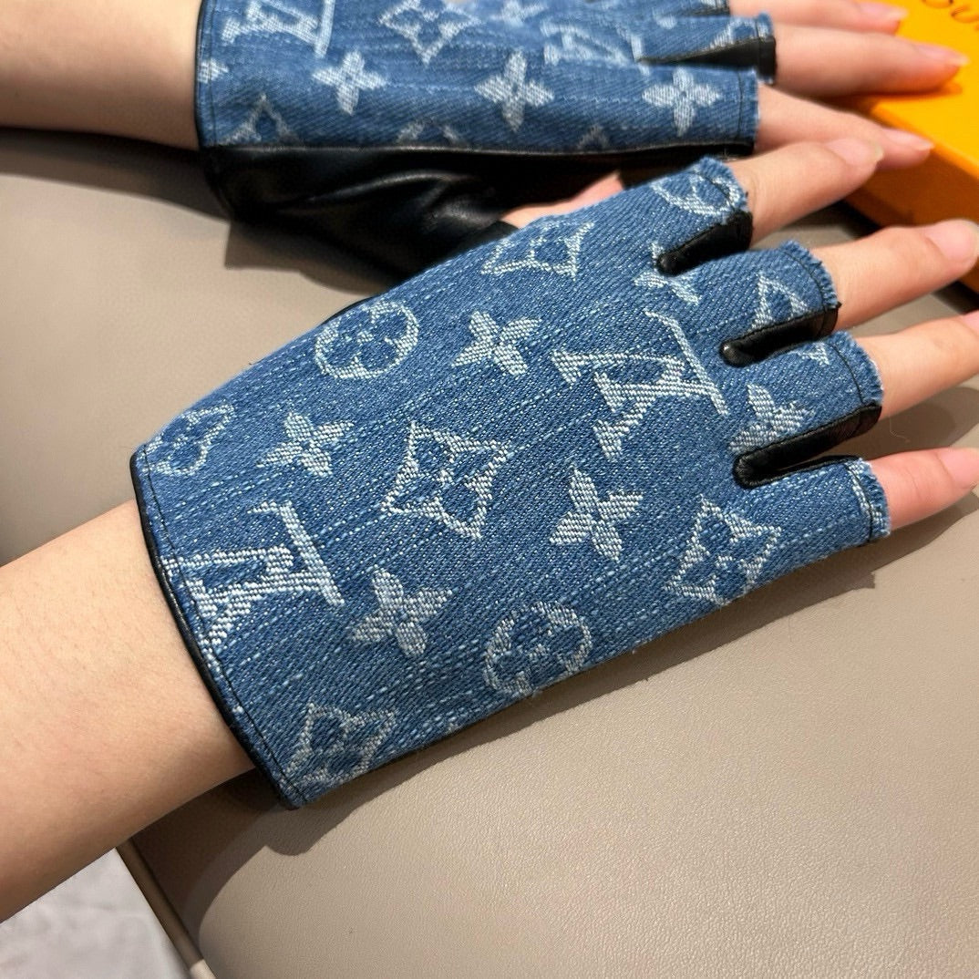 FINGERLESS GLOVES IN ELECTRIC BLUE MONOGRAM DENIM AND BLACK LAMBSKIN 460107 - M