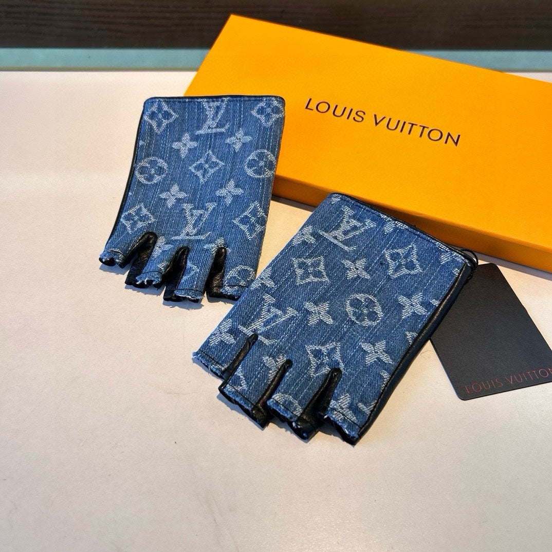 FINGERLESS GLOVES IN ELECTRIC BLUE MONOGRAM DENIM AND BLACK LAMBSKIN 460107 - M