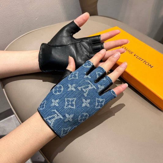 FINGERLESS GLOVES IN ELECTRIC BLUE MONOGRAM DENIM AND BLACK LAMBSKIN 460107 - M