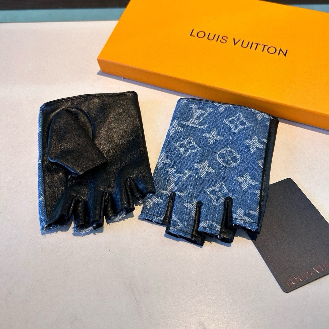 FINGERLESS GLOVES IN ELECTRIC BLUE MONOGRAM DENIM AND BLACK LAMBSKIN 460107 - M