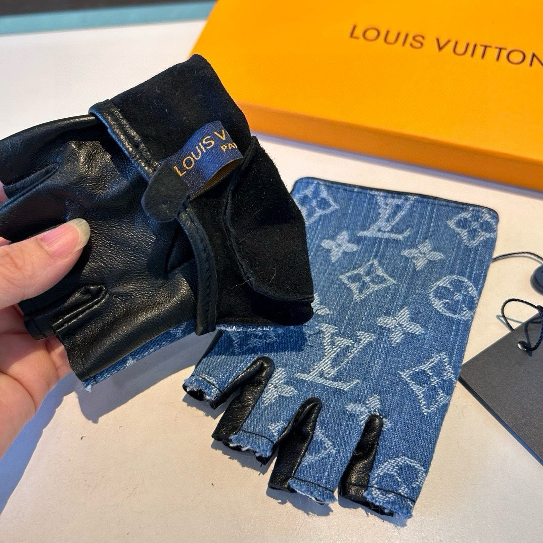 FINGERLESS GLOVES IN ELECTRIC BLUE MONOGRAM DENIM AND BLACK LAMBSKIN 460107 - M