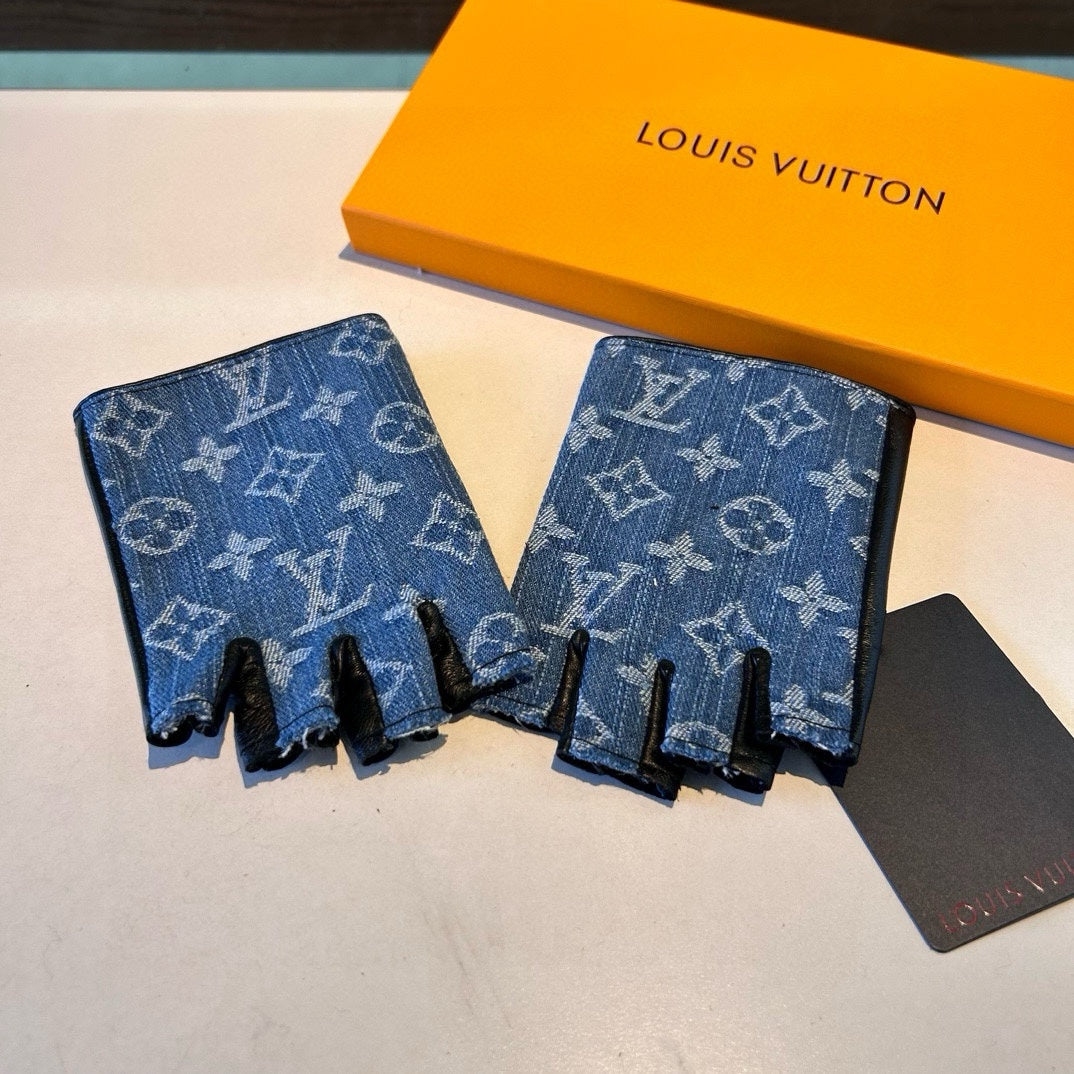 FINGERLESS GLOVES IN ELECTRIC BLUE MONOGRAM DENIM AND BLACK LAMBSKIN 460107 - M