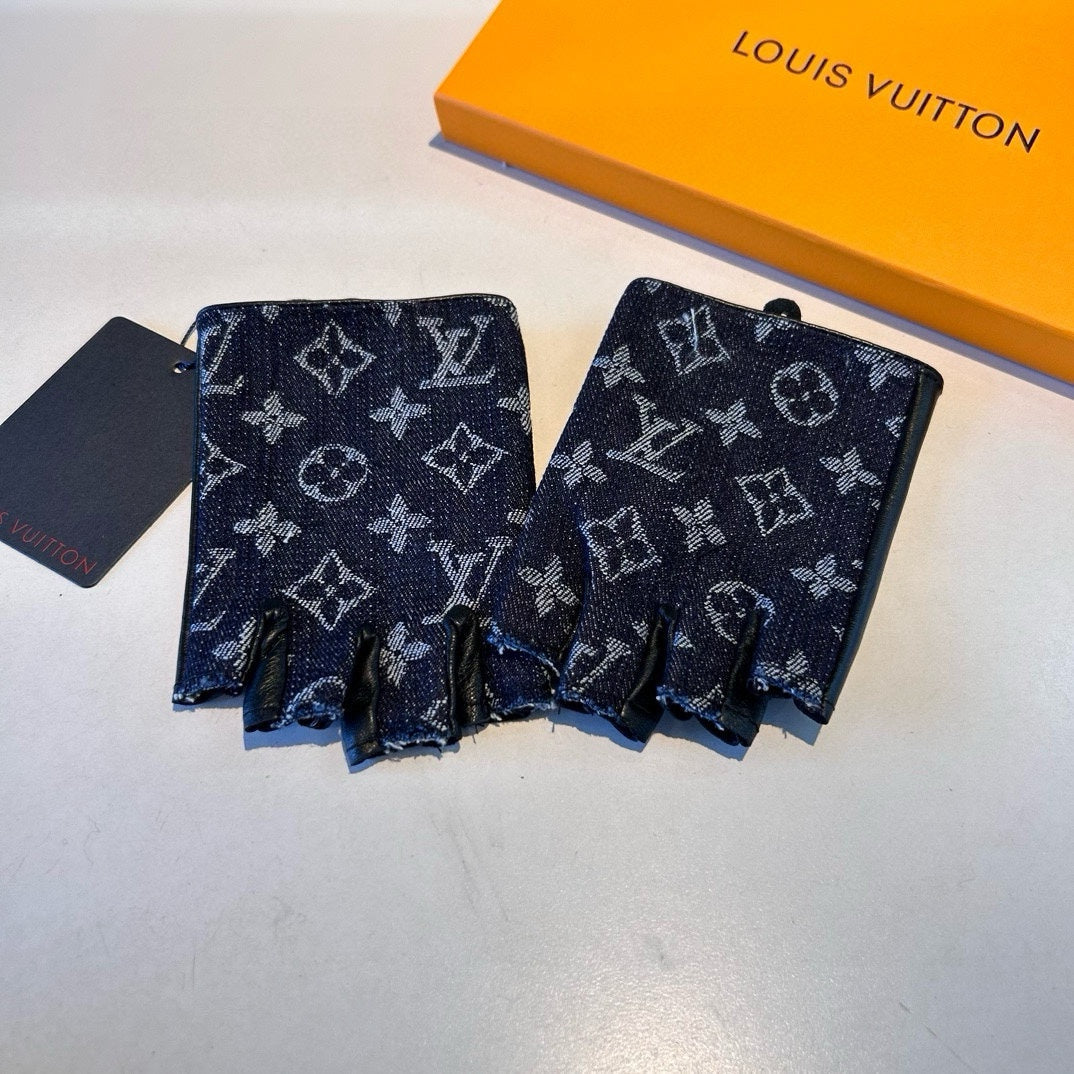 FINGERLESS GLOVES IN BLACK MONOGRAM DENIM AND LAMBSKIN 460108 - M