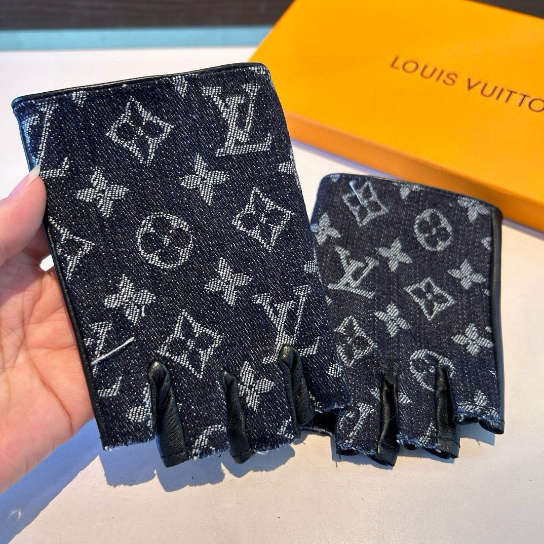 FINGERLESS GLOVES IN BLACK MONOGRAM DENIM AND LAMBSKIN 460108 - M