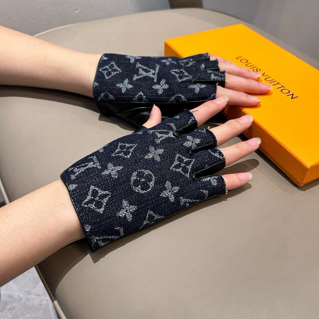 FINGERLESS GLOVES IN BLACK MONOGRAM DENIM AND LAMBSKIN 460108 - M