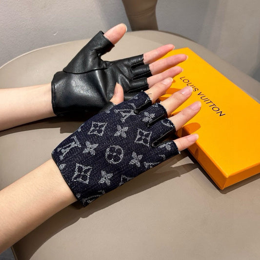 FINGERLESS GLOVES IN BLACK MONOGRAM DENIM AND LAMBSKIN 460108 - M