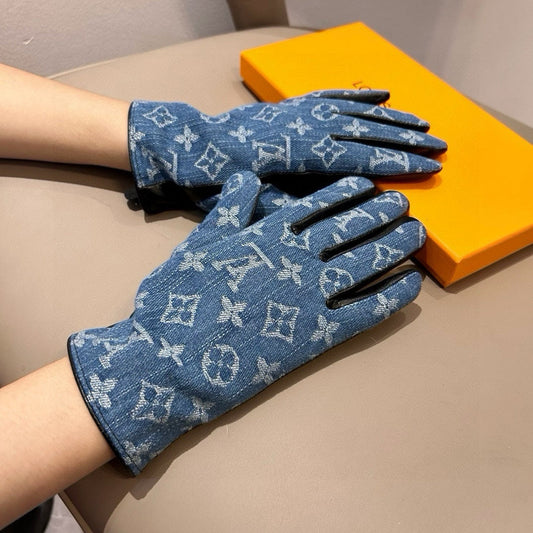 GLOVES IN ELECTRIC BLUE MONOGRAM DENIM AND BLACK LAMBSKIN 460110 - M