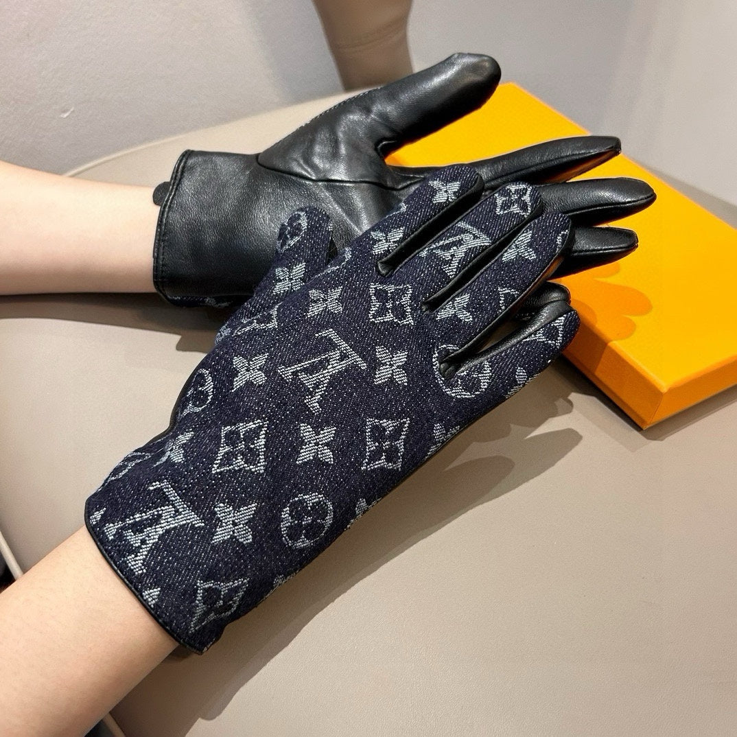 GLOVES IN BLACK MONOGRAM DENIM AND LAMBSKIN 460111 - M