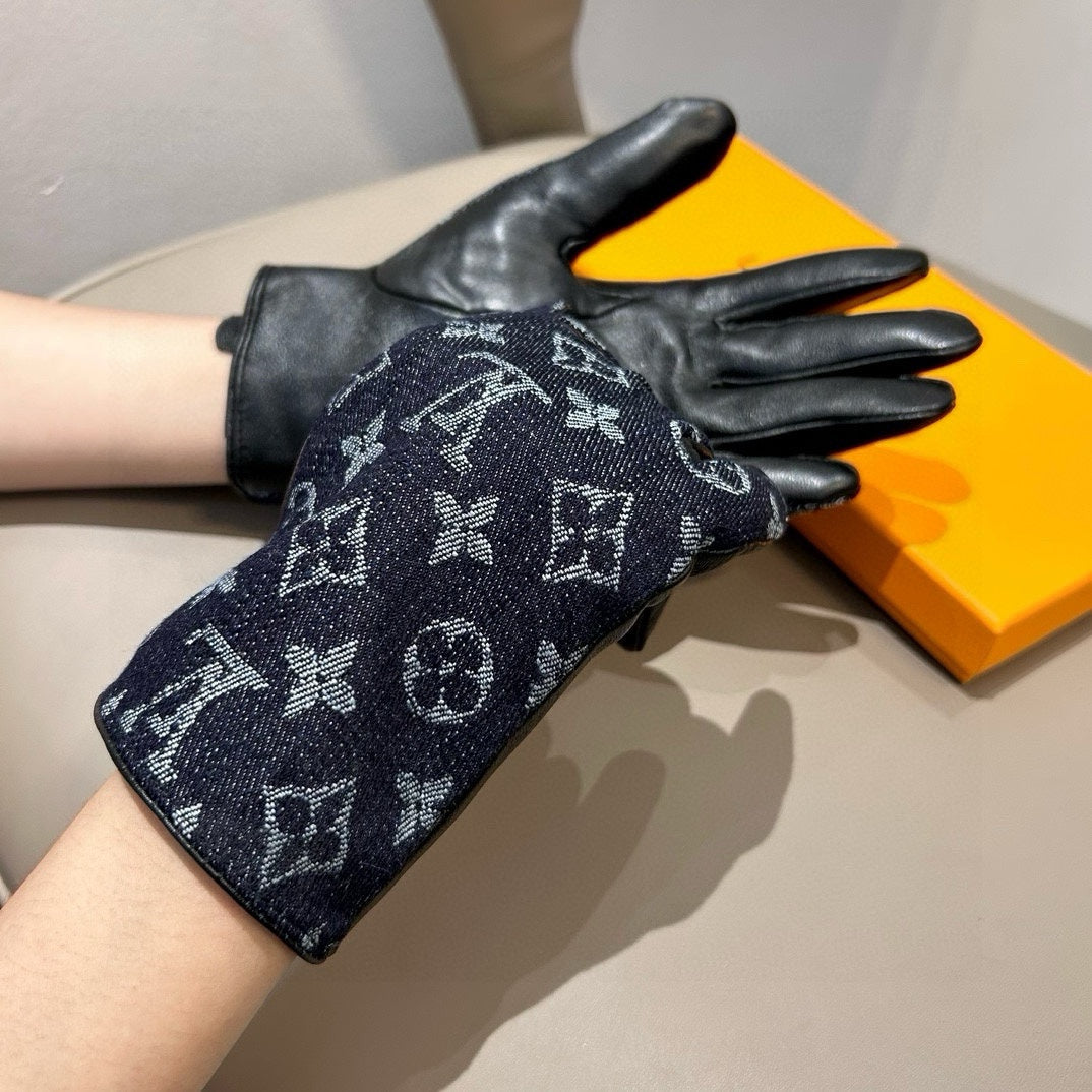 GLOVES IN BLACK MONOGRAM DENIM AND LAMBSKIN 460111 - M