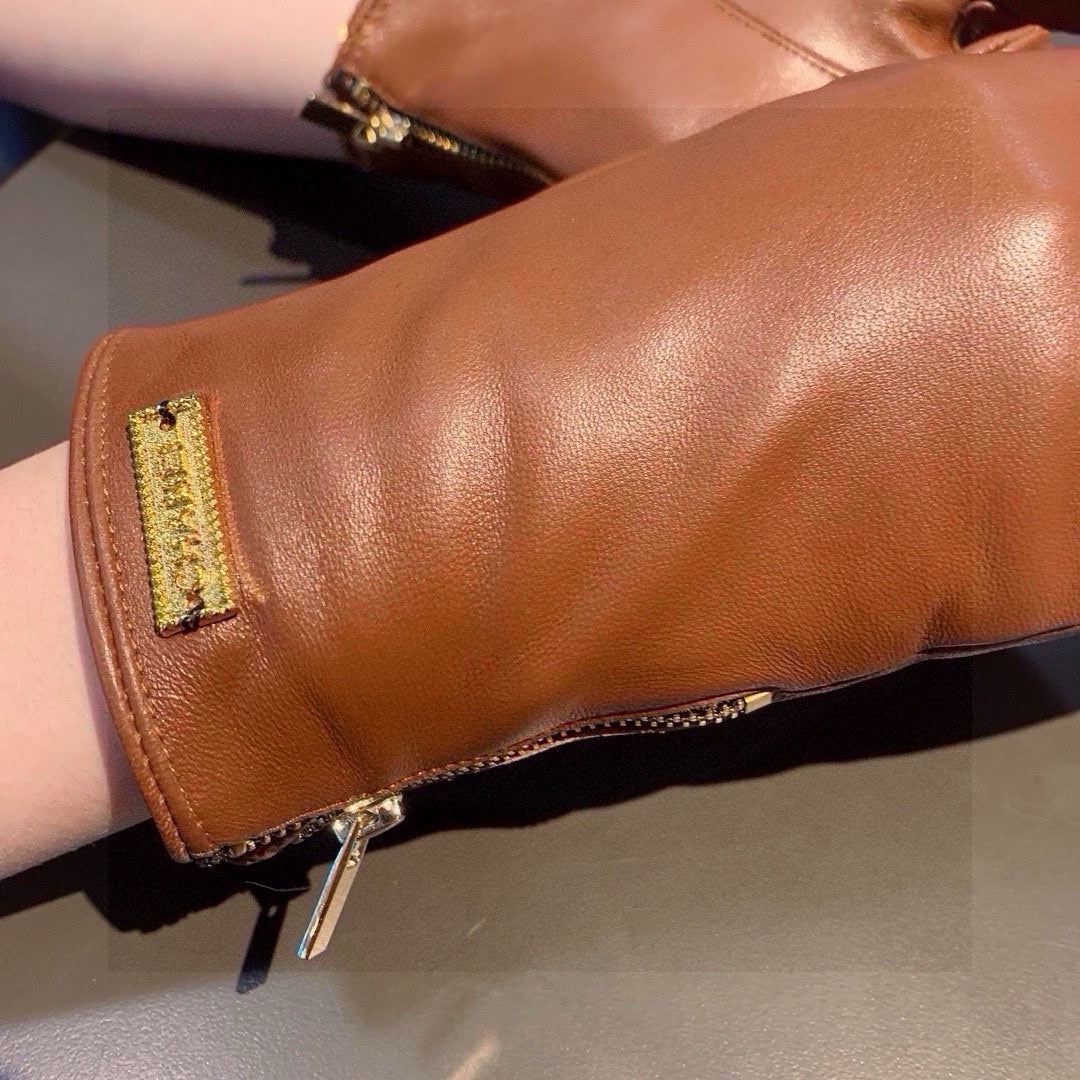 TOUCHSCREEN GLOVES IN BRONZE BROWN LAMBSKIN WITH GOLD LOGO 462270 - M