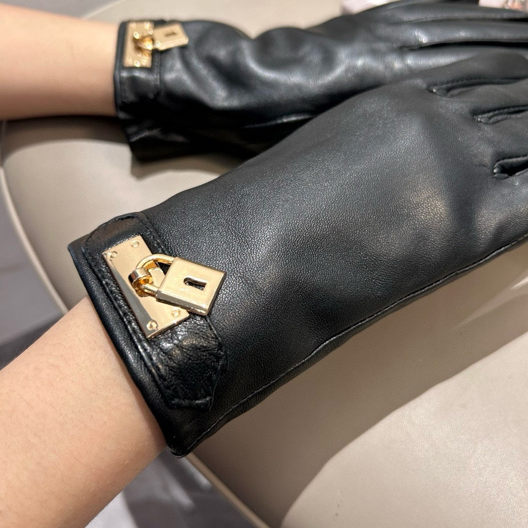 GLOVES WITH LOCK HARDWARE IN BLACK LAMBSKIN 463858 - M