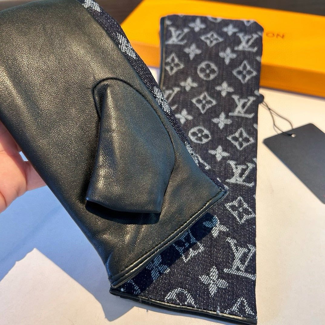 FINGERLESS LONG GLOVES IN BLACK MONOGRAM DENIM AND LAMBSKIN - M