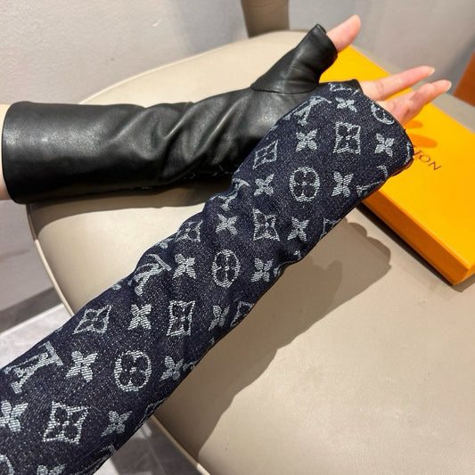 FINGERLESS LONG GLOVES IN BLACK MONOGRAM DENIM AND LAMBSKIN - M