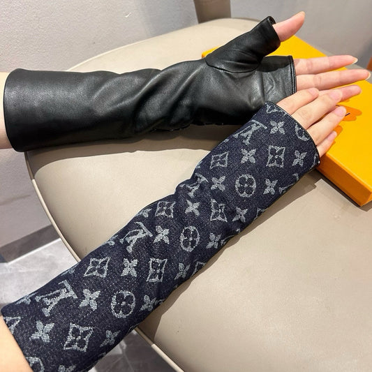 FINGERLESS LONG GLOVES IN BLACK MONOGRAM DENIM AND LAMBSKIN - M