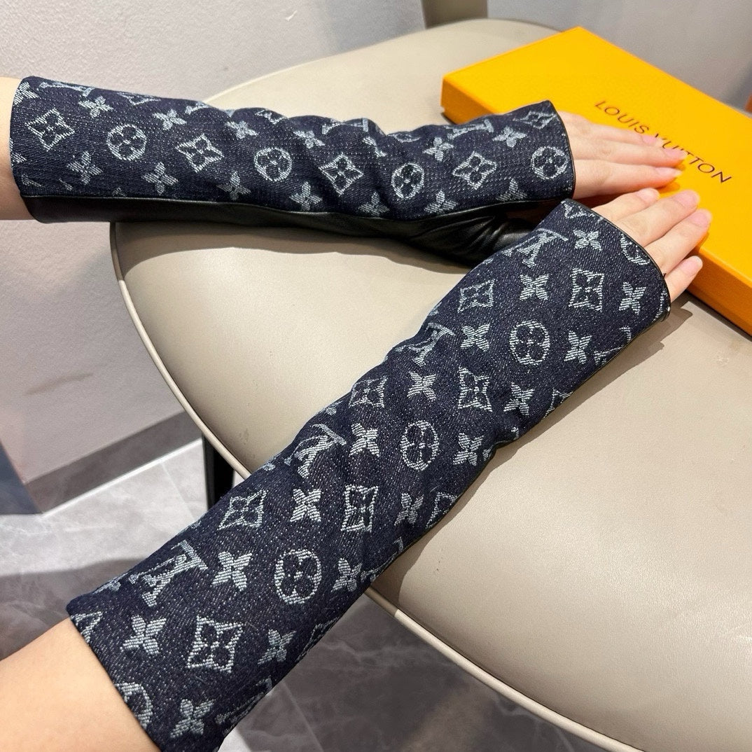 FINGERLESS LONG GLOVES IN BLACK MONOGRAM DENIM AND LAMBSKIN - M
